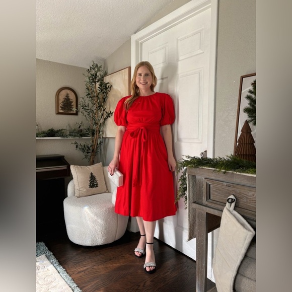 Free Assembly Red Cotton Bow Wrap Around Tie Midi Dress with Puff Sleeves - Picture 5 of 14